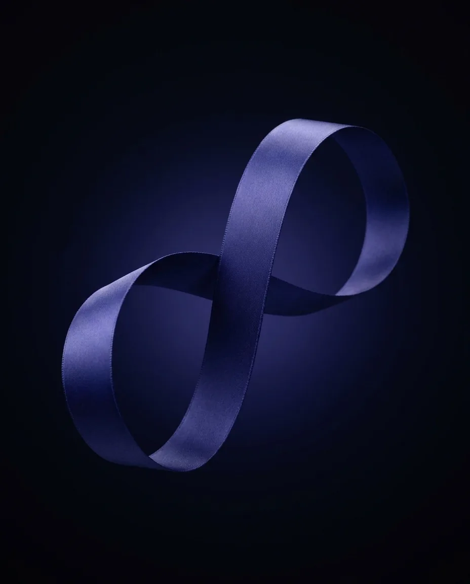 An unbroken indigo ribbon forming a continuous loop