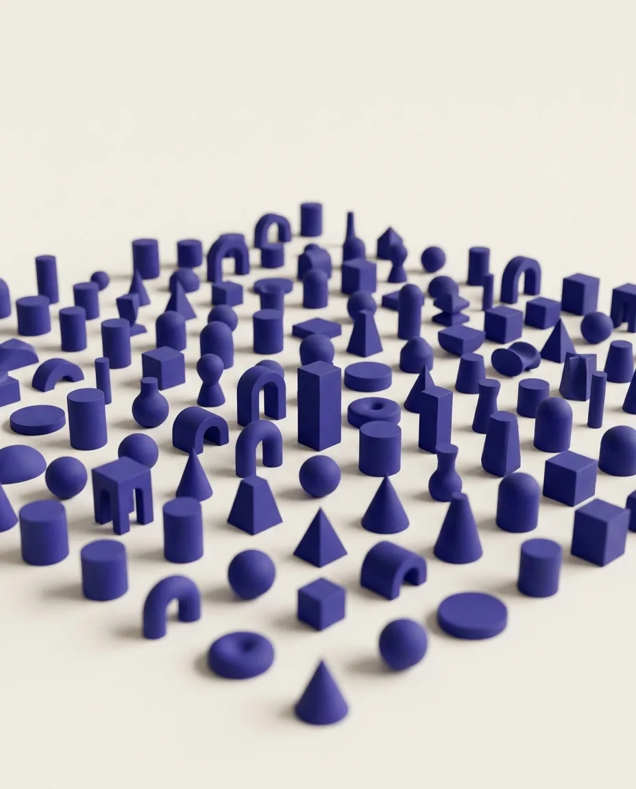 A field of many differently shaped forms, all made of the same indigo material